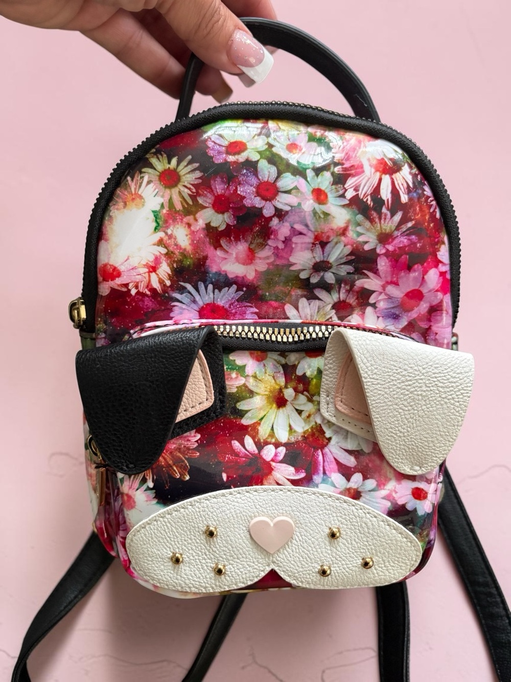 Betsey Johnson Kitsch Mini Floral Patent Backpack French Bull Dog